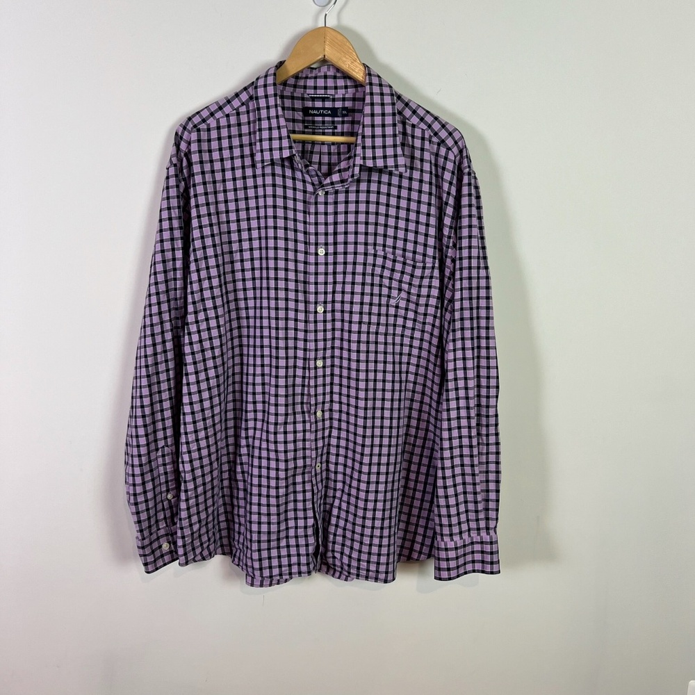 Nautica Men’s Purple Black Checker Plaid Long Sleeve Button Down Shirt XX Large